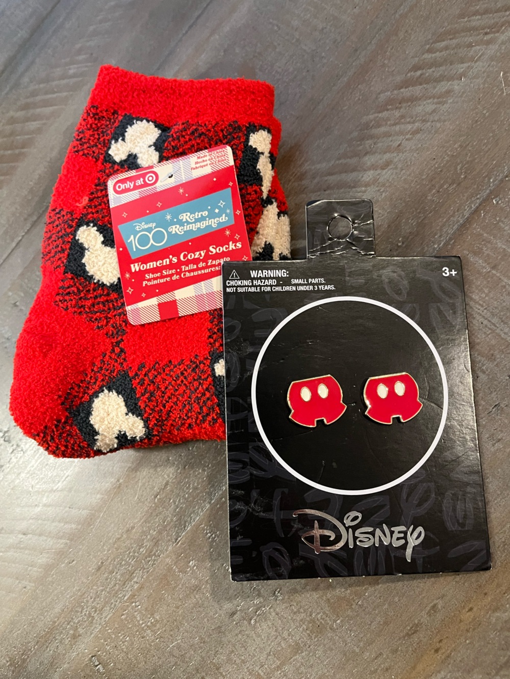 Disney Women's Cozy Red Mickey Socks & Mickey Stud Earrings Set